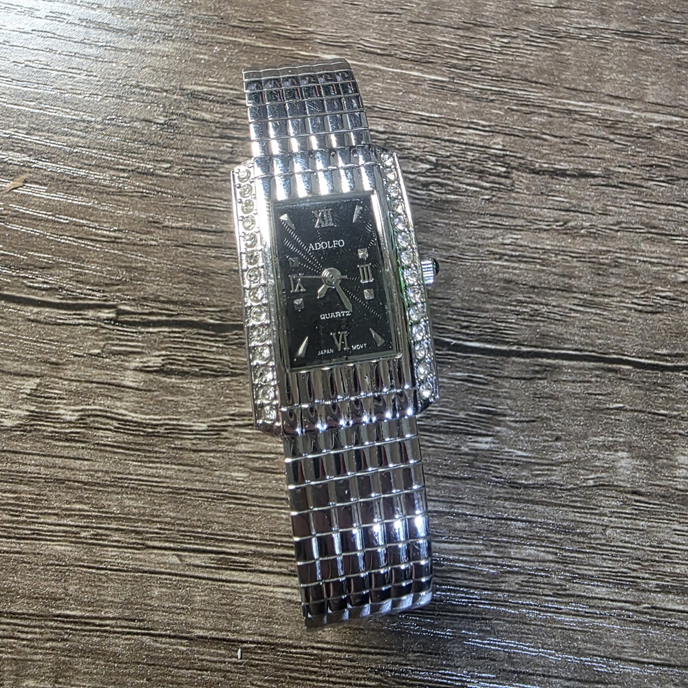 Adolfo Silver Watch with Crystal Accents